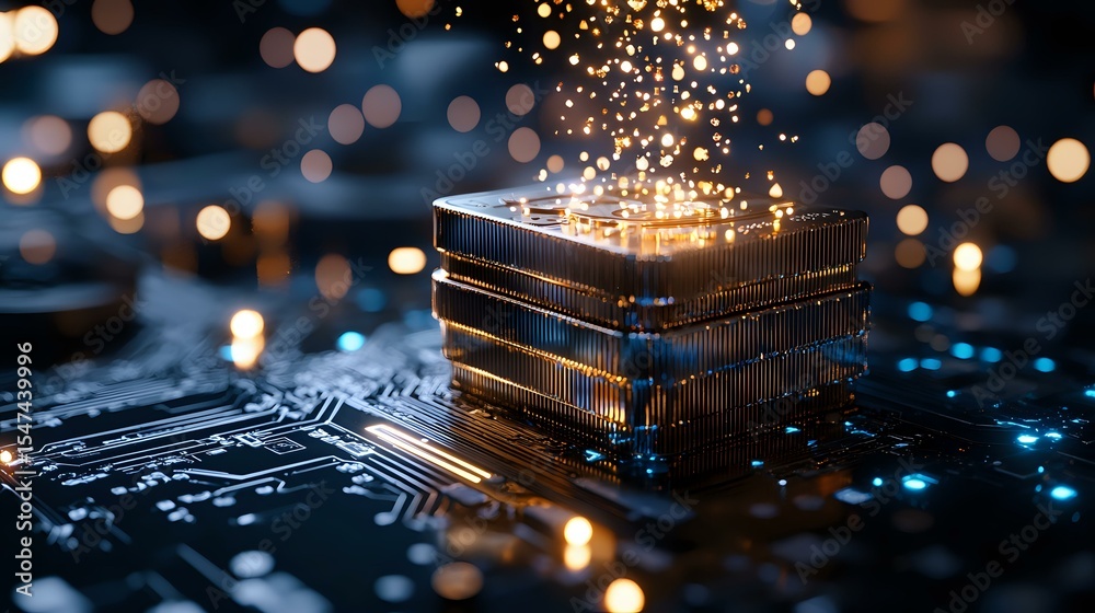 Poster glowing processor with magical sparkles on circuit board, illuminated by golden bokeh lights creatin