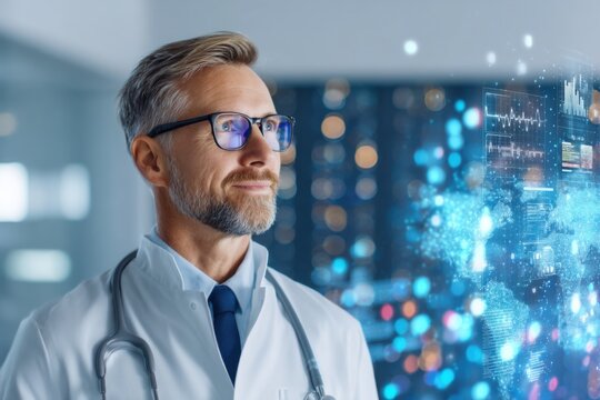 A confident male doctor wearing glasses and a lab coat analyzes futuristic digital medical data displays in a modern healthcare setting.