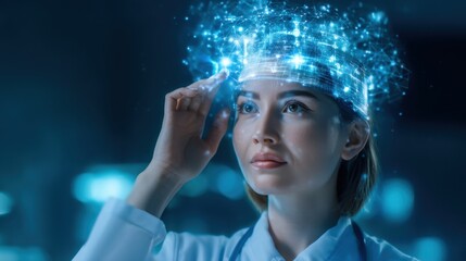 A woman wearing a digital headset interacts with a holographic brain interface glowing with blue neural network connections.