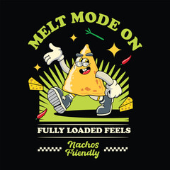 Cute Nachos Mexican Food Cartoon Characters in Retro 70s Illustration