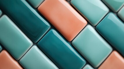 An eye-catching arrangement of glossy ceramic tiles in shades of turquoise and peach, ideal for interior design showcasing modern art and contemporary color theory.