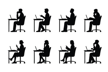 Silhouette Illustrations of People Working at Desks with Laptops, Focusing on Tasks and Communication