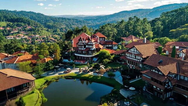 Stunning aerial view of Gramado in Rio Grande do Sul showcasing picturesque landscape and architecture, Aerial view of Gramado, Rio Grande do Sul, Brazil Church Matriz S&Atilde;&pound;o Pedro