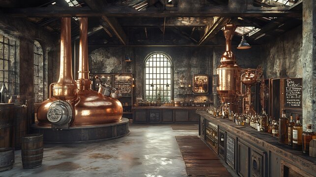 Distillery Interior Rustic room with copper stills, wooden bar, bottles, and arched window