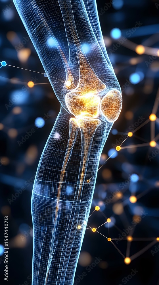 Poster digital visualization of knee joint anatomy with glowing wireframe structure and neural network back