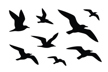 Fototapeta premium Silhouette of Seagulls Flock of Birds Flying, Isolated on White Background, Illustration