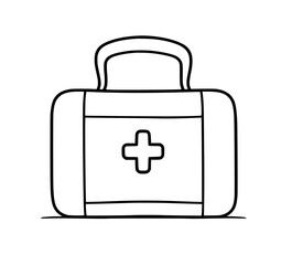 Obraz premium First Aid Kit: A simple line art illustration depicts a classic medical kit, featuring a bold black outline and a prominent red cross symbol on a white background.