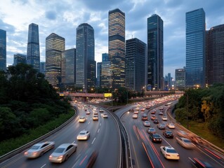 Fototapeta premium Dynamic city traffic at dusk with skyline view from highway