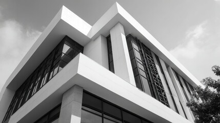 Fototapeta premium Modern architecture, modernism, building walls metal decorations, diagonal compositions, high-contrast light and shadow effects.