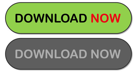 Two 'DOWNLOAD NOW' buttons with rounded corners. The top button is bright green with black and red text, while the bottom button is dark gray with light gray text. Ideal for websites