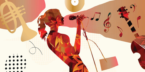 Colorful Jazz Singer and Musical Instruments Abstract Vector Illustration