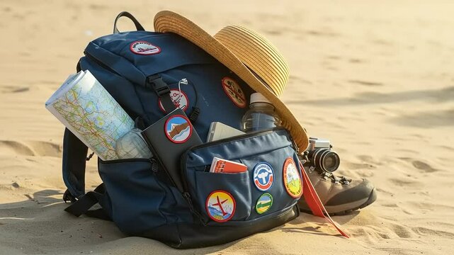 A travel backpack adorned with patches, resting on sandy terrain, accompanied by a map and hat