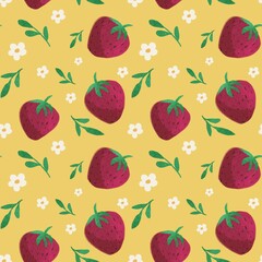 A cute cartoon-style pattern featuring red strawberries with green leaves, small white flowers, and green foliage on a bright yellow background. Perfect for fabric, wallpaper, or children's products.