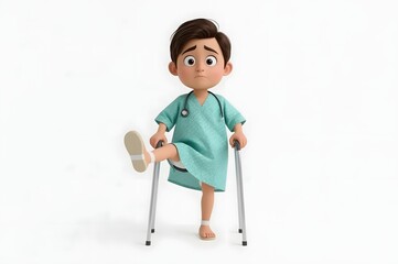 Cartoon boy in hospital gown, using crutches