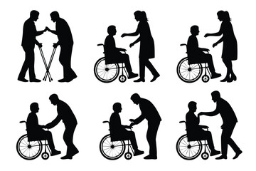 Obraz premium Silhouettes of People Helping Seniors and Persons with Disabilities Assistance and Support Illustrations