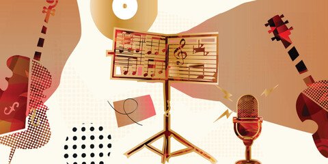 Music collage background with music stand and musical notes