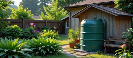 Climate adaptation concept. Garden with rain barrel beside a wooden shed in a lush outdoor setting.