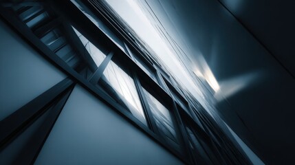 Obraz premium Abstract architecture, close-up of a building's exterior wall, sharp edges, geometric shapes, high-contrast lighting, cool tones, sharp shadows, architectural photography, modern cityscape background.