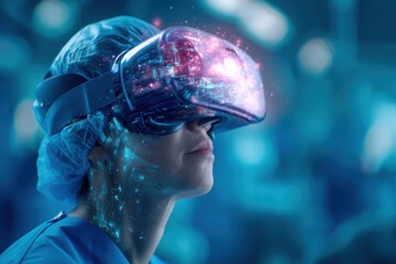 A professional wearing medical attire uses a futuristic VR headset displaying digital data and cityscape overlays.