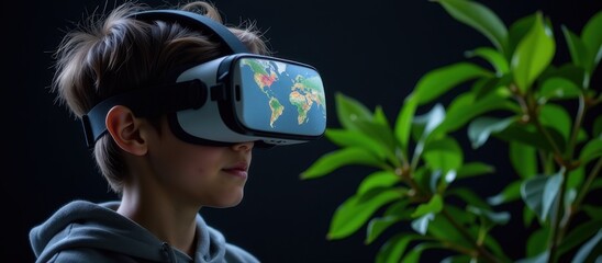 Climate adaptation concept. A boy experiences virtual reality with a world map display.