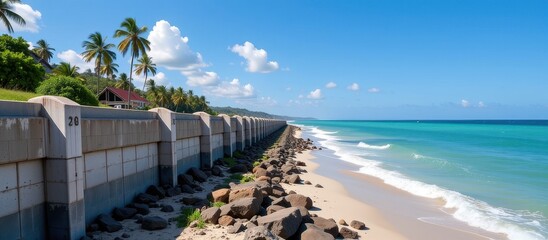 Climate adaptation concept. Coastal view with waves, rocks, and palm trees under a blue sky.