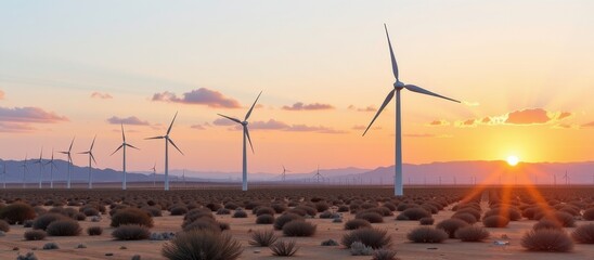 Climate adaptation concept. Wind turbines at sunset in a desert landscape.
