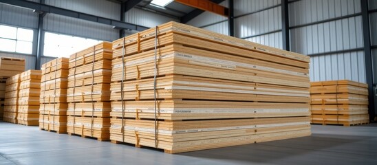 Climate adaptation concept. Wood stacked neatly inside a warehouse, showcasing construction materials.