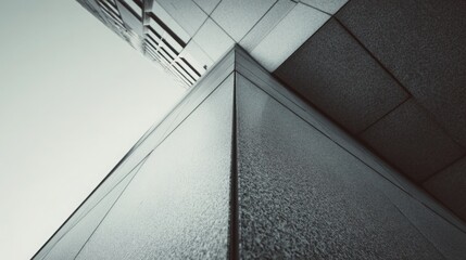 Fototapeta premium Abstract architecture, close-up of a building's exterior wall, sharp edges, geometric shapes, high-contrast lighting, cool tones, sharp shadows, architectural photography, modern cityscape background.