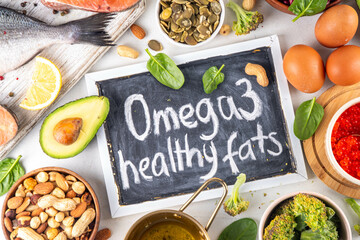 Variety food rich in Omega-3, ALA, EPA, DHA healthy fatty acids sources