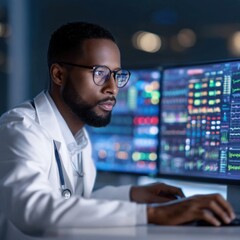 A focused male doctor wearing glasses and a stethoscope analyzes complex medical data on multiple computer screens in a dimly lit room.