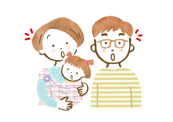 赤ちゃんをスリングで抱っこするお母さんとお父さんの家族イラスト（驚いた顔・上半身）