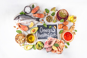 Variety food rich in Omega-3, ALA, EPA, DHA healthy fatty acids sources