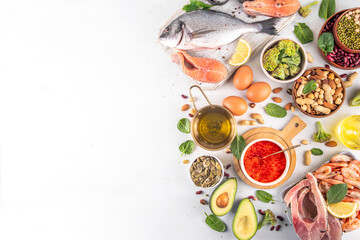 Variety food rich in Omega-3, ALA, EPA, DHA healthy fatty acids sources