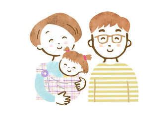 赤ちゃんをスリングで抱っこするお母さんとお父さんの家族イラスト（笑顔・上半身）