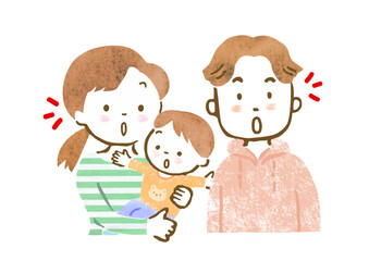 赤ちゃんを抱っこするお母さんとお父さんの家族イラスト（驚いた顔・上半身）