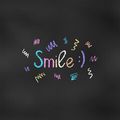 Cute Design Colorful Composition of Word "Smile" Isolated on Chalkboard Backdrop. Children's Chalk Drawn Sketch.