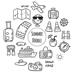 Set travel outline doodle signs. Tourism and summer adventure icons. Clip art travelling elements.