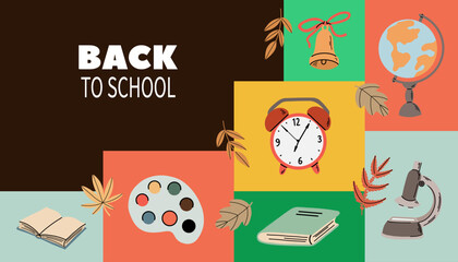 Colorful illustrated Back to School poster with cute hand drawn school supply cartoon objects, including book, notebook, a bell, a microscope, an alarm clock and a palette with paints.