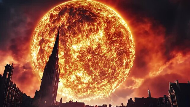 Fireball descends from the sky, illuminating the city in a dazzling blaze at twilight, Fire from heaven falling, a huge fireball falling from sky, devastating disaster