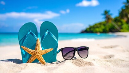 imagen vibrante y colorida con una temática veraniega y playera, sobre una arena fina y clara, se encuentra un par de chanclas de un llamativo color azul cian.