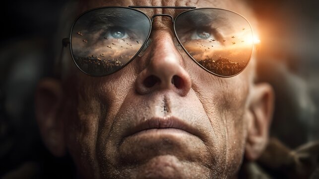 A close up portrait of a serious looking person gazing intently at the sunset their face reflected in the of their glasses