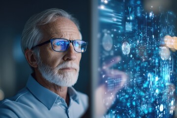 An elderly man wearing glasses intently analyzes futuristic digital data and technology on a transparent screen in a dark, high-tech environment.
