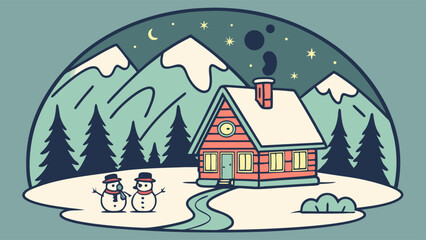 Cozy winter night scene illustration featuring a rustic log cabin, two cute snowmen, snow-capped mountains, pine trees, and a starry sky. Ideal for holiday themes.