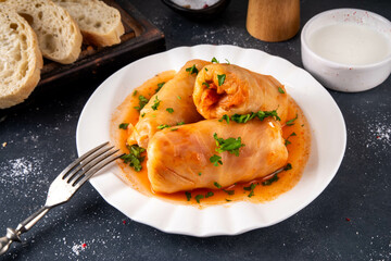 Cabbage rolls, stuffed golubtsi with meat and vegetable fillings