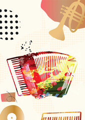 Musical notes on colorful backdrop. Colorful accordion design poster