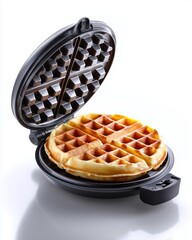 Crispy Waffle in Open Waffle Maker on White Background.