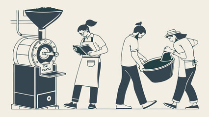 Minimalist illustration of coffee roasters working with a commercial machine, monitoring bean quality, and transporting green coffee for artisan production.