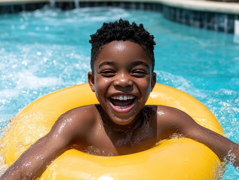 Happy Black child swimming with yellow inflatable ring at pool