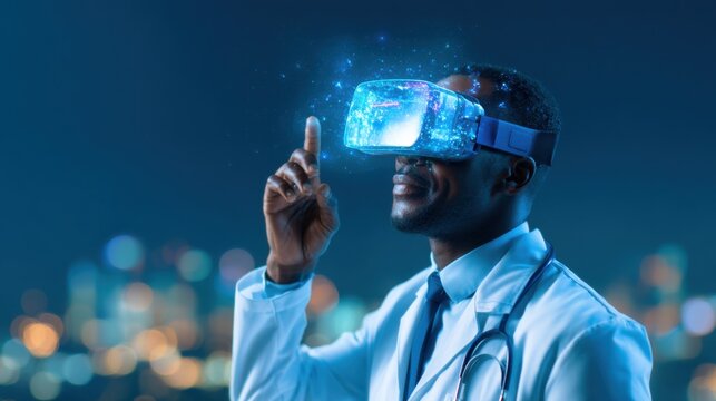 A doctor wearing a VR headset interacts with virtual elements, symbolizing the integration of technology and healthcare.