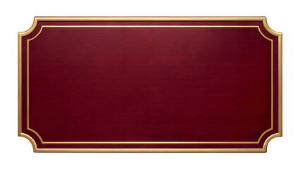 Crimson red plaque with gold frame isolated on transparent background